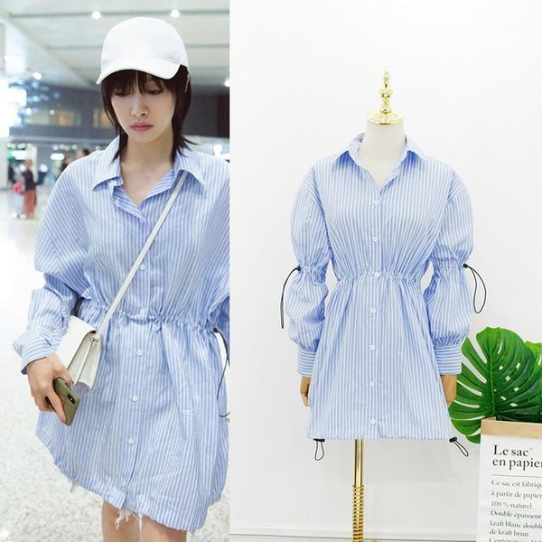 

kpop korean celebrity temperament single-breasted striped loose dress women high street long sleeved lace-up mini dresses1, Black;gray