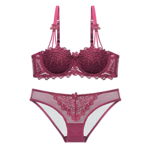 

lingerie bra and panty set lace push up floral embroidery underwear padded intimates for ladies underwire mesh, Red;black