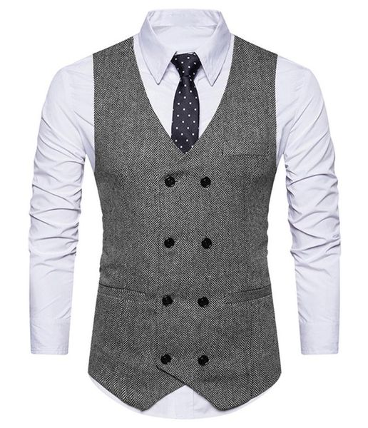 

men's vests tweed mens suit vest v neck herringbone slim fit green/black/brown business double-breasted waistcoat groomman for wedding, Black;white