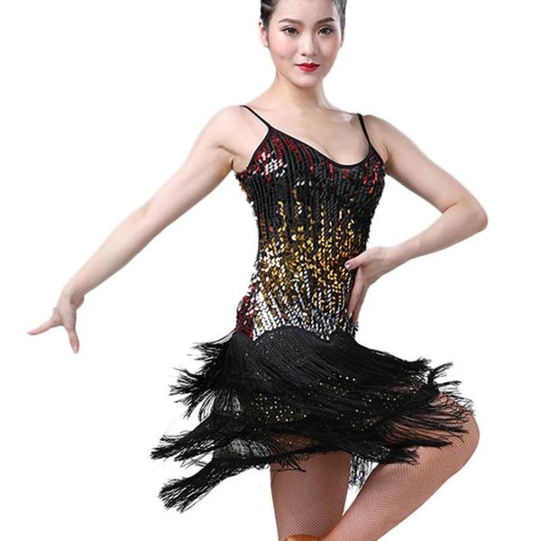

stage wear drop sling sequin dress fringed skirt fashion latin dance performance clothing, Black;red