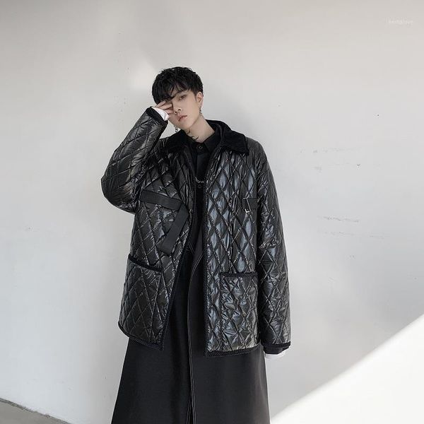 

casual black plaid cotton padded jacket male japan style loose streetwear hip hop gothic ribbon outerwear parka coat erkek mont1