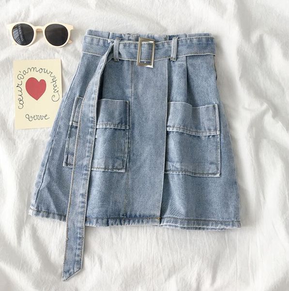 

2021 female fashions brem summer miniskirt short pockets high korean waistband women skirt casual plus size jeans with p653 belt 0e75, Black