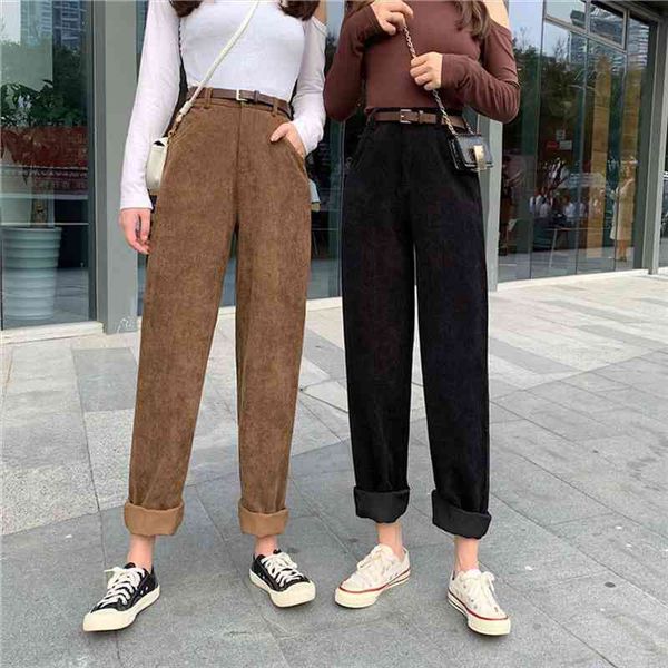 

high waist corduroy pants fashion belt autumn wide leg full pants spring korean pure cotton black streetwear ladies trouser, Black;white