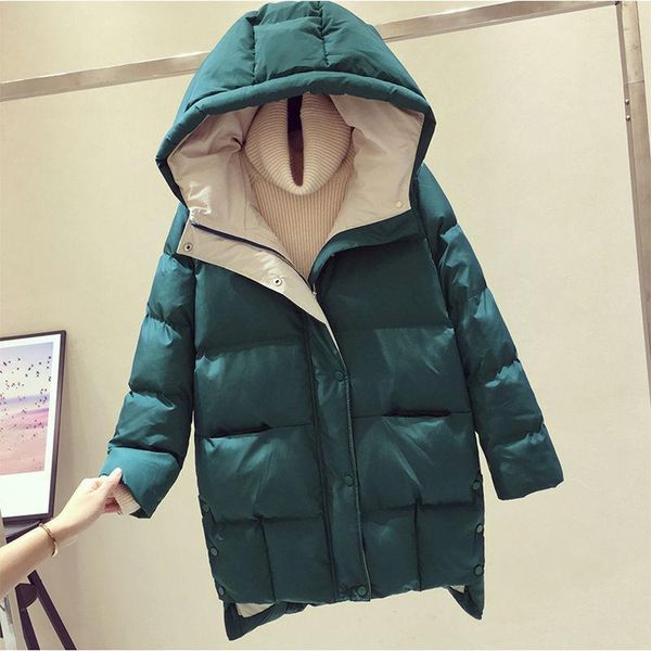 

2021 winter parka hooded female jacket warm thicken long coat plus size solid outerwear down cotton casual women coats feminina, Black