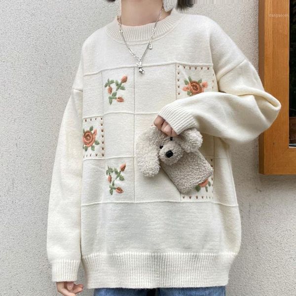 

japanese literature and art fresh embroidery flowers round neck pullover sweater women fall/winter wear loose long-sleeved 1, White;black