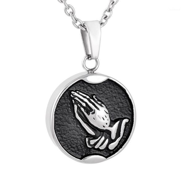 

ijd9762 round stainless steel praying hands cremation ashes jewelry urn necklace for unisex-with plastic funnel1, Silver