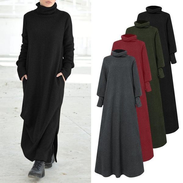 

women dress 2021 vonda long sleeve high neck pullover dress autumn winter turtleneck long casual vestido plus size sundres, Black;gray