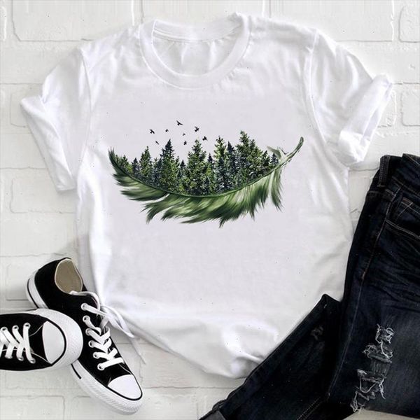 

women 2021 feather bird short sleeve printing spring fashion lady clothes print tshirt female tee ladies graphic t shirt, White