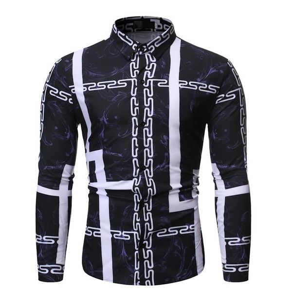

men's casual shirts 2021 autumn fashion 3d chain personalized lapel long sleeve flower shirt, White;black