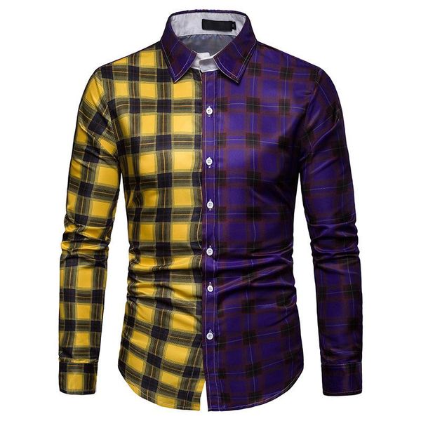 

2021 spring and autumn new color plaid print stitching slim shirts foreign trade men's business casual shirt, White;black