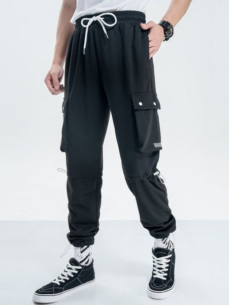 

men checker flap pocket cargo pants c3n7#, Black