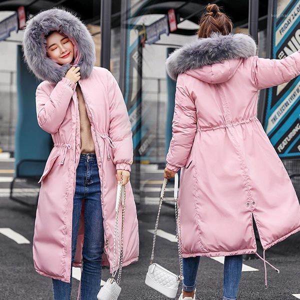 

wipalo 2019 new winter women collection coat ladies cotton coat loose jacket below knee length warm with fur hood outwear1, Black