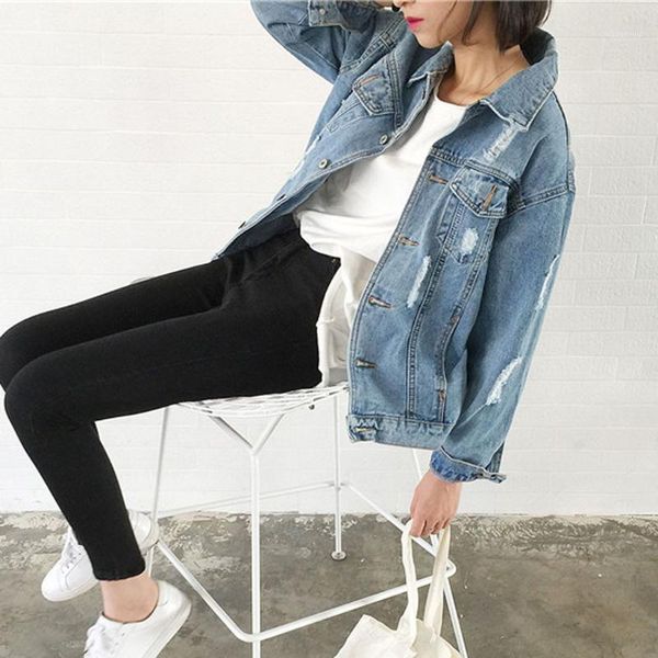

solid jean jacket for women loose casual blue fashion hole women coats turn-down collar boyfriend female outwear denim feminine1, Black;brown