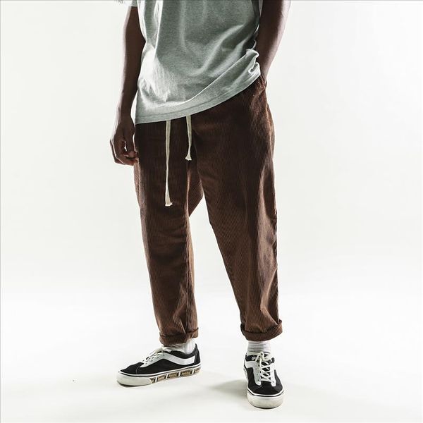 

lacible 2020 hip hop corduroy pants men dark streetwear men trousers cotton harajuku oversized joggers pants brown elastic waist, Black
