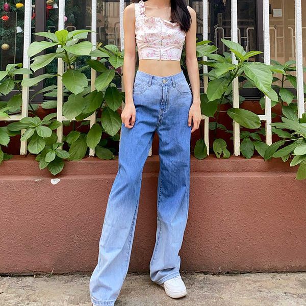 

womens new arrival high waist stretch loose jeans blue fashion gradient color womens jeans size s-xl