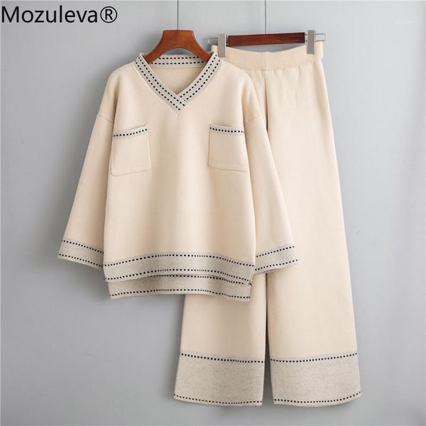 

mozuleva 2020 winter loose knitted 2 piece set women tracksuit new autumn wide legs pant suit pullovers sweater set knitted suit1, Gray