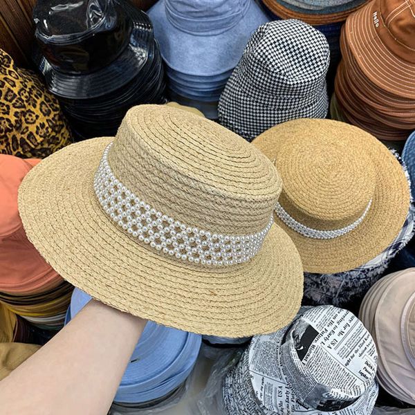 

edge lafite grass flat pearl straw hat, Blue;gray