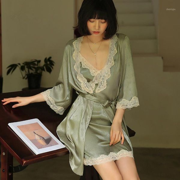 

yrrfuot 2021 spring autumn new women's nightgown open-fronted silk lace french satin bathrobe nightgown homewear suit1, Black;red