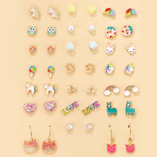 

stud 12pcs/sets earrings for women animal pet rainbow fruit small set kids birthday jewelry gift wholesale, Golden;silver