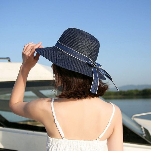 

womens summer fisherman straw bucket hat long contrast color ribbon bowknot large wide brim sunscreen visor round beach cap, Blue;gray
