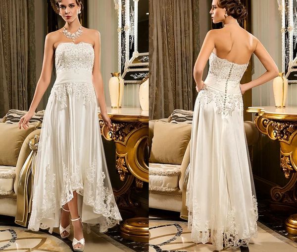 

high low wedding dress 2022 bridal gown strapless asymmetrical beaded lace strapless vintage illusion appliques button vestido de noiva robe, White