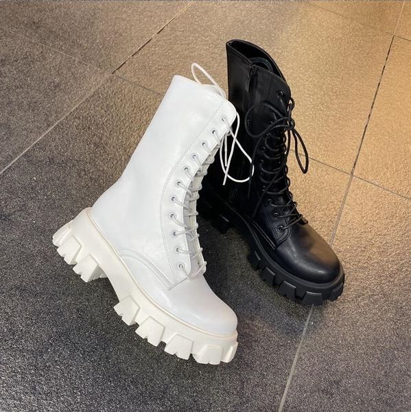 

women boots winter snow booties black white thick bottom motorcycle womens short lace boot leather shoes size 35-40 02
