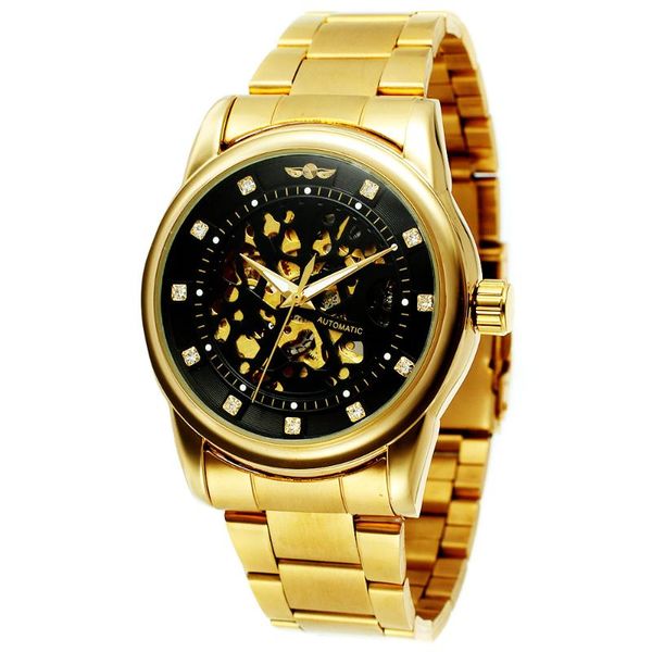 

men mechanical luxury full steel diamond gold skeleton black dial relogio clock male stainless automatic watch watches masculino rlkto, Slivery;brown