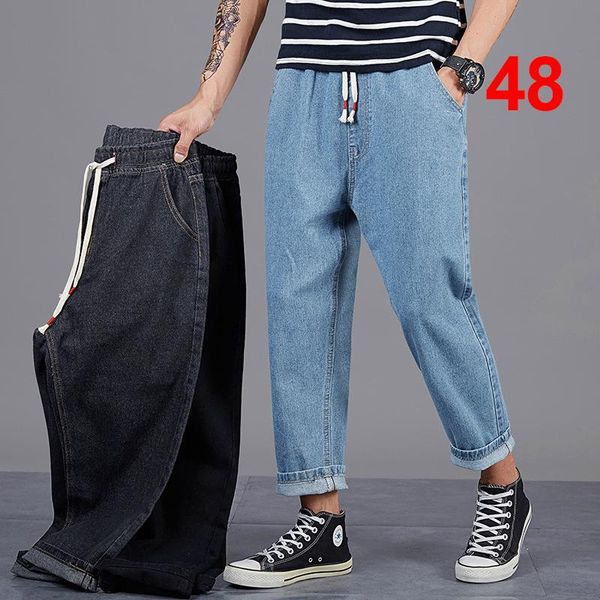 

men's jeans baggy men big size denim pant fashion harajuku skateboard solid color elastic waist trousers plus 46 48 hx605, Blue
