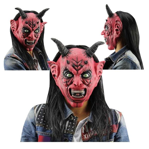 

funny devil eyes latex red mask satan horror devil latex mask with wig ox horn for masquerade halloween party bar masquerade halloween fun