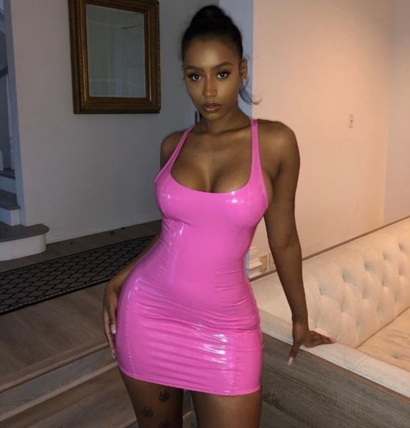 

nightclub pu tank 2019ins leather skirt women's hip tight dress, Black;gray