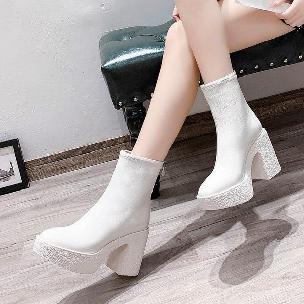 

high heel platform boots women shoes patent leather ankle boots winter warm chunky heel women black white botines mujer