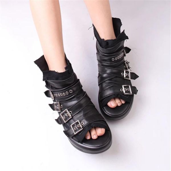 

sandals punk style women peep toe summer boots genuine leather platform female gladiator sandal ankle booties creepers, Black