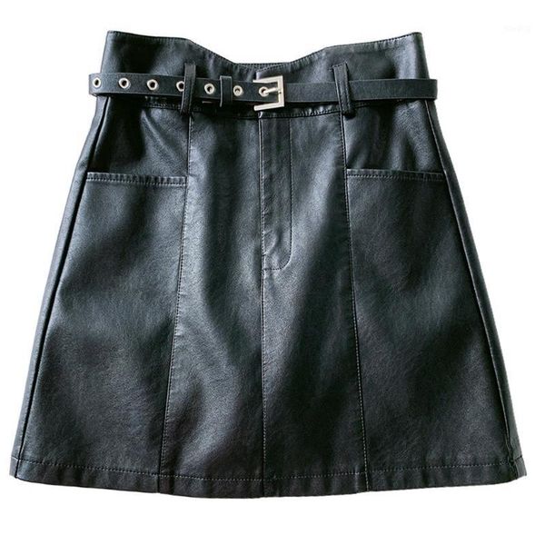

women faux leather high waist a-line button zipper mini skirt with belt pockets1, Black