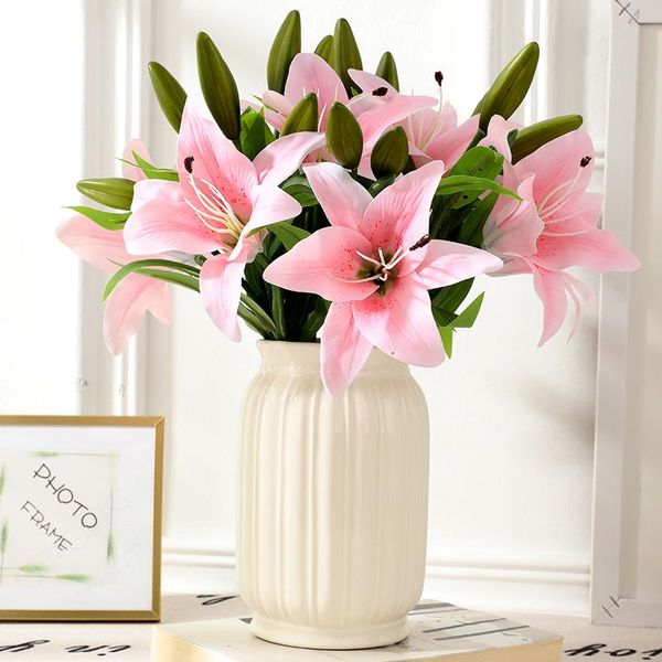 

decorative flowers & wreaths 5pcs/lot pvc real touch silk lily 3 heads artificial flower for home decoration wedding decor stage props fake