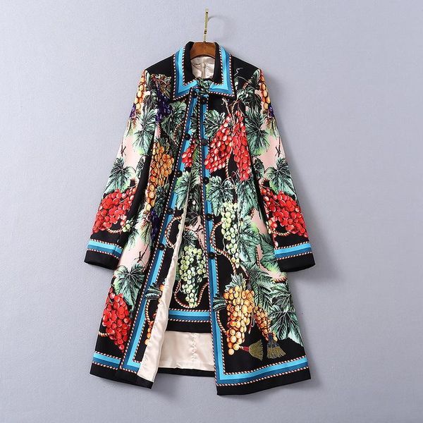 

women's wool & blends european and american wear 2021 winter style long sleeve lapel with fine buttons fashion grape print coat, Black