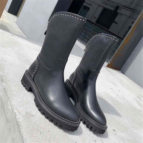 

boots rivets studded women mid-calf genuine leather low heel riding slip-on autumn shoes woman punk style botas mujer, Black