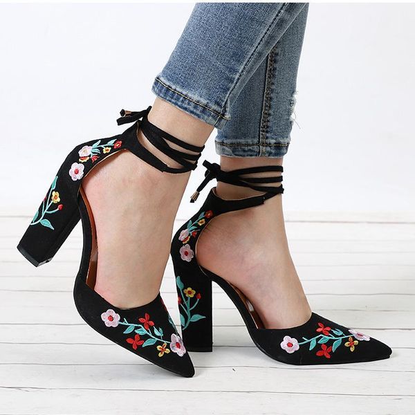 

women high heels plus size embroidery pumps flower ankle strap shoes female two piece party wedding pointed toe1, Black