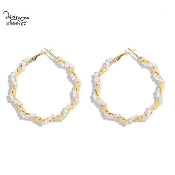 

hoop & huggie dvacaman a big earrings vintage simulated pearl statement women gold color metal wholesale korean jewelry1, Golden;silver
