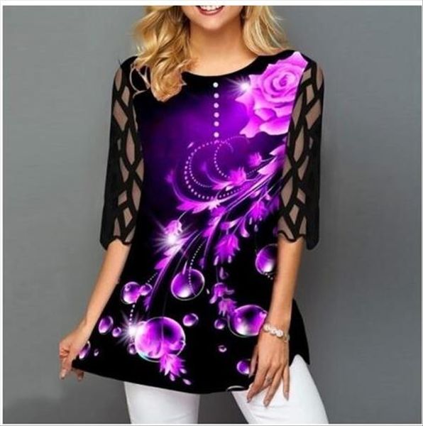 

plus size 4xl 5xl shirt blouse female 2020 spring summer new o neck half sleeve lace splice print boho women shirt, White
