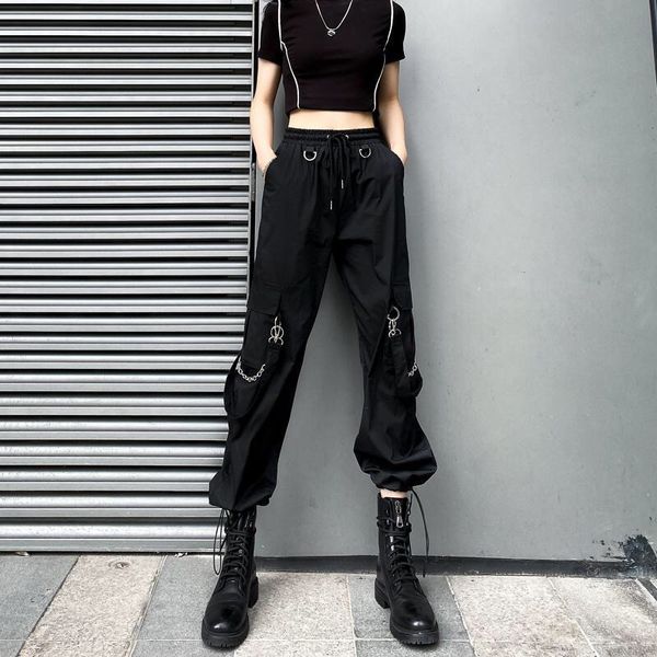 

korean clothes baggy pants women streetwear gothic black cargo pants women plus size ribbons chain, Black;white