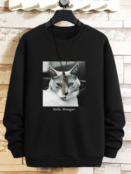 

men 3d cat and slogan graphic sweatshirt d3ik#, Black