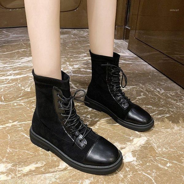 

boots autumn women shoes mid-calf 2021 for motorcycle pu leather zapatos de mujer1, Black