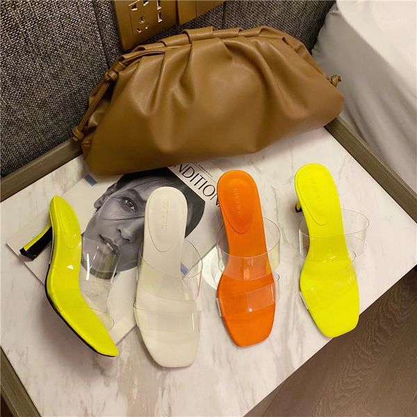 

slippers 2021 summer women yellow orange thin high heels gladiator clear mules pleaser low slides valentine stripper shoes1, Black