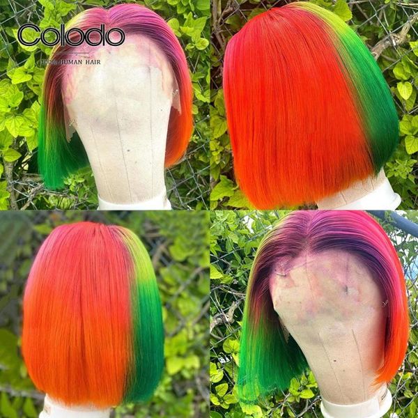 

lace wigs colodo rainbow color bob wig pre plucked ombre front brazilian remy highlight human hair for women, Black;brown