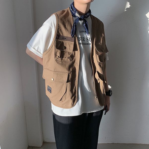 

autumn multi pocket overalls men's sleeveless vest, Black;white