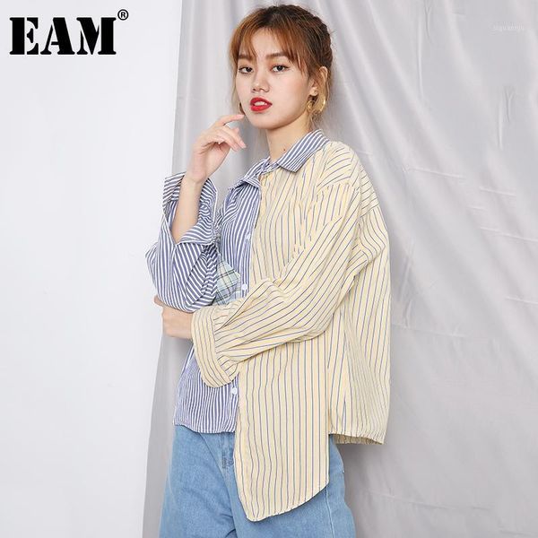 

eam] women blue striped plaid big size blouse new lapel long sleeve loose fit shirt fashion tide spring autumn 2020 1s376051, White