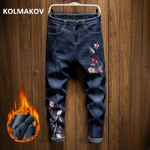 

2020 новое поступление высокое качество повседневная slim fit вышивка классические бизнес джинсы, мужские брюки карандаша, утолщение узких д, Blue