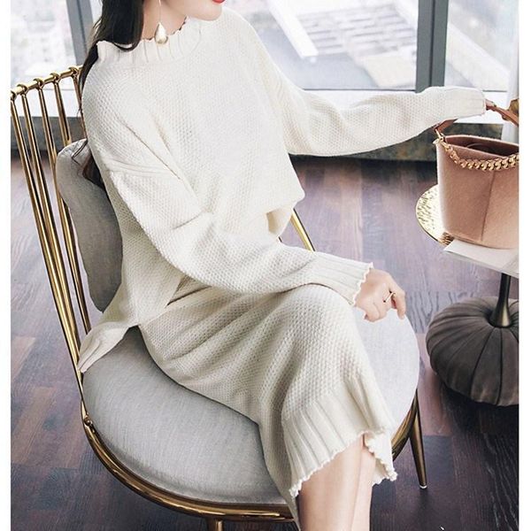 

pullover sweater and high waist skirt knitted two piece set women outfits long sleeve sweater skirt office suit1, White;black