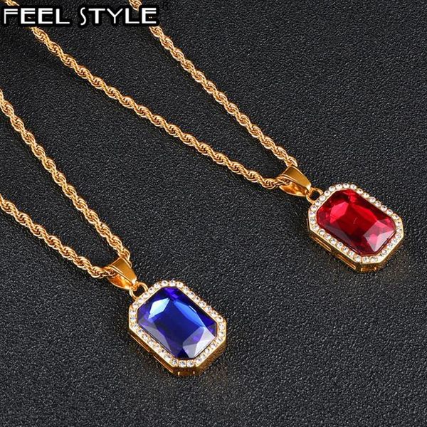 

pendant necklaces hip hop chain necklace rhinestone gold color square red crystal pendants & for women men jewelry drops, Silver