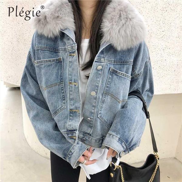 

plegie velvet thick denim jacket female winter big fur collar korean lamb coat outwear college style female student short coat1, Black;brown